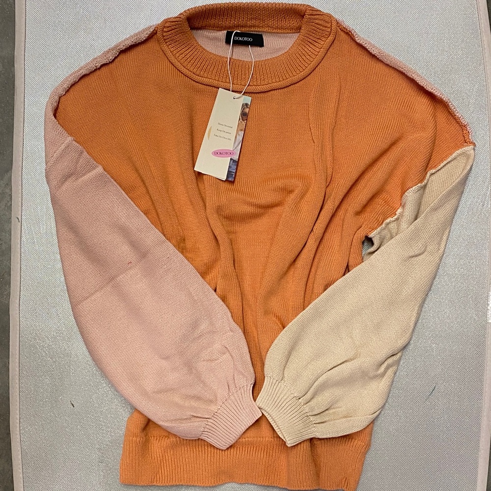 Colorful Crew Neck Sweater - Orange, Pink, Cream